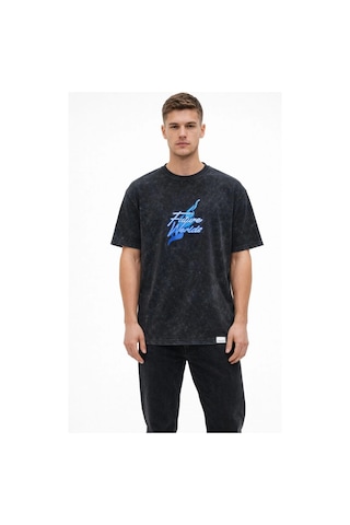 Erkek Asit Yıkamalı Oversize Tişört Future Worlds Baskılı Bisiklet Yaka Kısa Kollu Streetwear %100 Pamuk Street Style T-shirt - Siyah Siyah