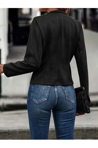 Kadın Uzun Kollu Hakim Yaka Yanlardan Düğmeli Kısa Süet Ceket Siyah