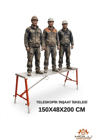 Alüminyum Gövdeli Çelik Ayaklı Teleskopik Katlanır İnşaat İskelesi - 400 Kg Taşıma Kapasitesi 150x48x200cm -
