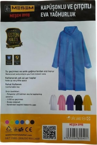 Unısex Meşem 8998 Kapüşonlu Ve Çıtçıtlı Eva Yağmurluk Mor, Sarı, Çok Renkli