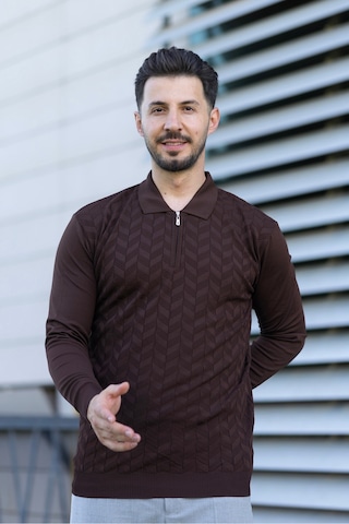 Hk Premium Erkek Triko Kazak Zikzak Desenli Polo Yaka Fermuarlı Slim Fit Kahverengi