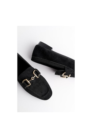 Muggo Mona Garantili Metal Tokalı Deri Kadın Loafer Günlük Ayakkabı Siyah