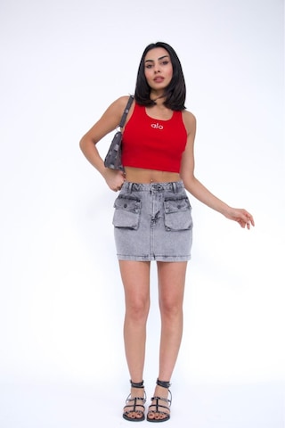 Zeo Basic Kargo Cepli Grey Mini Skirt Gri