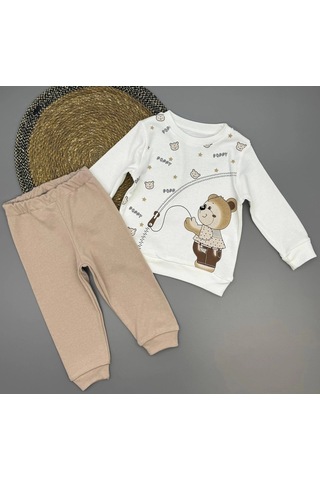 Erkek Bebek Ayıcık Baskılı Alt Üst İkili Gündelik Takım Bej