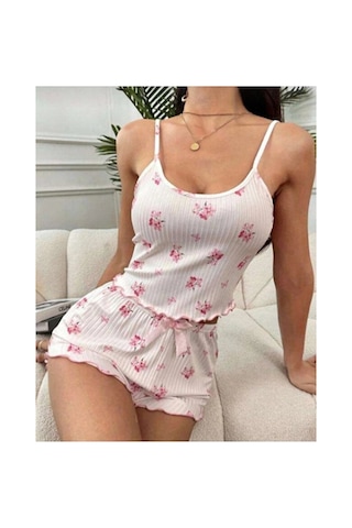 Selveta Çiçek Desenli Fitilli Askılı Şortlu Gecelik Pijama Takımı Çok Renkli