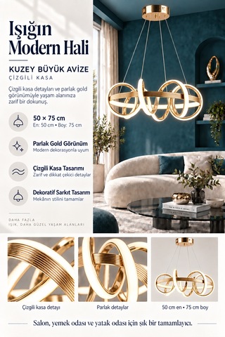 Kuzey Büyük Modern Ledli Avize Çizgili 3 Renk Power Ledli Gold Kaplama Yatak Odası Salon Mutfak