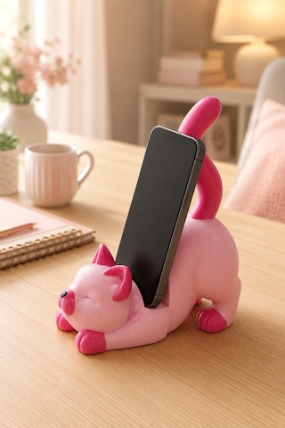 Pembe Kedi Figürlü Telefon Tutucu Stand - 3d Baskı Ofis Masaüstü Aksesuarı Ve Biblo