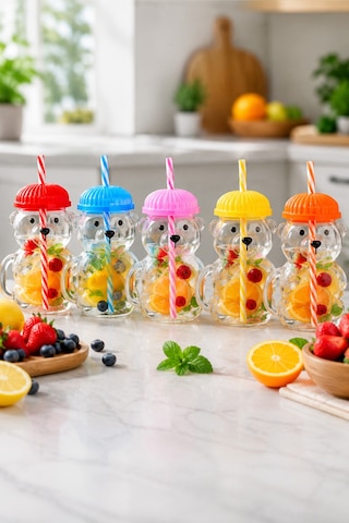 Sihirli Cam Ayıcık Bardak 450 Ml Kapaklı Pipetli Cam Kupa Ayı Figürlü İçecek Bardağı Kırmızı