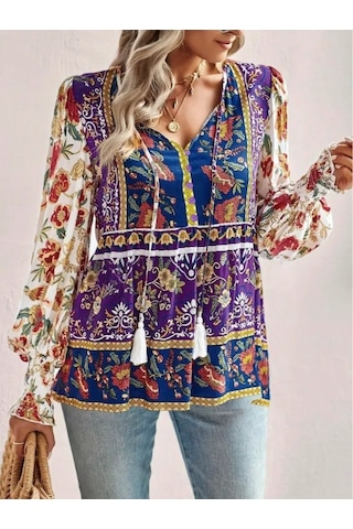 Nnstartshopping Kadın Uzun Kollu Yakası Açık Bağcıklı Çiçek Desenli Salaş Bluz Desenli