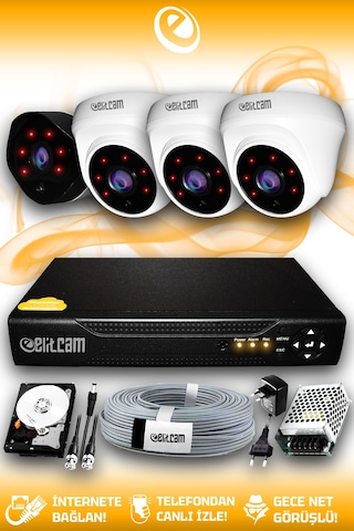 Elitcam 4 Kameralı Uzay 3 İç Kamera Set 500 GB HDD Full HD Gece Görüşlü Güvenlik Kamerası Sistemi