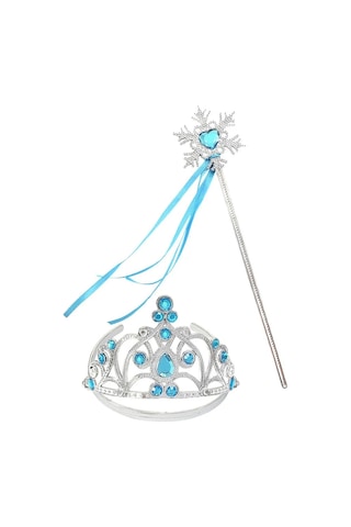 Mavi Taşlı Elsa Çocuk Taç Ve Kar Temalı Kurdeleli Elsa Asası Sopası