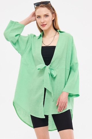 Armonika Kadın Açık Yeşil Keten Görünümlü Önden Bağlamalı Kimono Gömlek Arm-24y001063