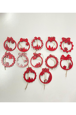 Ahşap 12 Adet Yılbaşı Ağacı Süsü Kırmızı