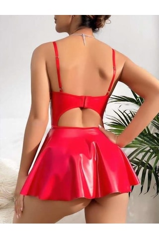 Kırmızı Parlak Lame Fantezı Deri Elbise Kırmızı