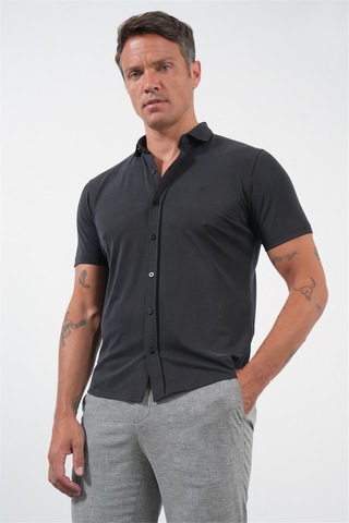 İmza Siyah İtalyan Yaka Kısa Kol Cepsiz Slim Fit Esnek Gömlek 1004260159