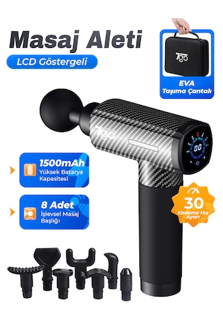7go 7gmg3 Masaj Tabancası 8 Başlık 30 Kademe Hız Lcd Ekran Sessiz Güçlü Motor 1500mah Bata Siyah