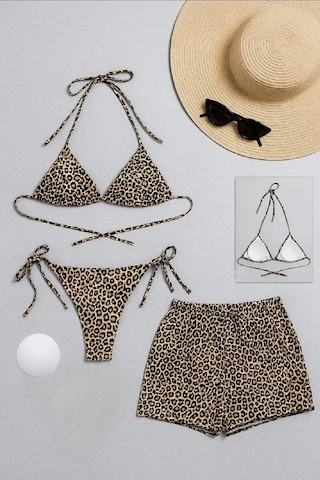 Moda Dua Kadın 3'lü Set Leopar Desenli Şortlu Ve Yandan Bağlamalı Bikini Mayo Takımı