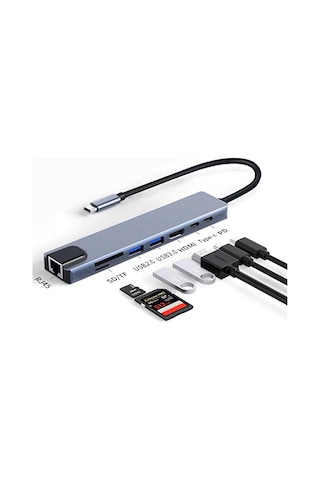 8in1 Type C To Hdmı 4k 2xusb Pd Hızlı Şarj Destekli Sd/tf Kart Ok