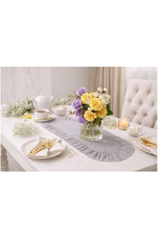 Fırfırlı Fistolu Duck Keten Oval Runner & Dekoratif Örtü &sehpa Örtü 35x65 Cm Gri