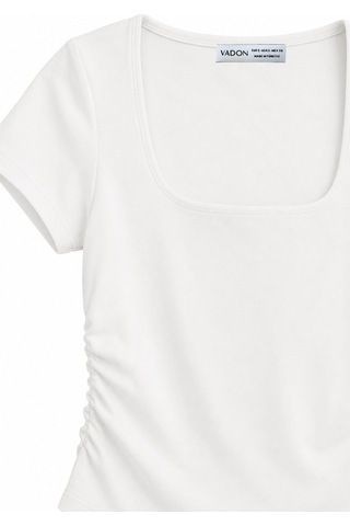 Vadon 1006 Kadın Pamuklu Kare Yaka Yan Büzgü Detaylı Basic Crop T-shirt Bluz Beyaz