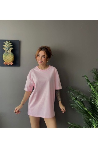 Kadın Oversize Basic Tişört Salaş Kesim Pamuklu Günlük T-shirt Pembe