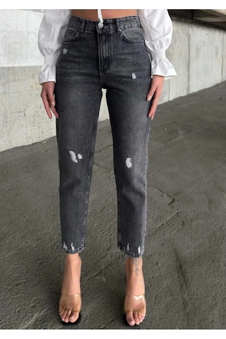 Kene Jeans Yüksek Bel Füme İşlemli Tam Kalıp Lazer Yırtık Mom Jeans Füme İşlemli