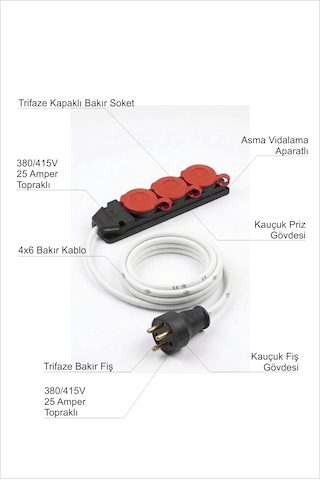 Tamamı Isıya Dayanıklı Bakır Ve Kauçuk 1 M. Uzatma Kablolu Trifaze Üçlü 3 Lü Sanayi Tipi Profesyonel Fiş Priz Soket Yanmaz Erimez Duvara Monte Edilebilir Kapaklı 380/415v 25a Gücünde Topraklı Priz Fiş 100 CM