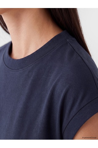 Lcw Everyday Lacivert Şerit Detaylı Soft Touch Oversize Kadın Tişört