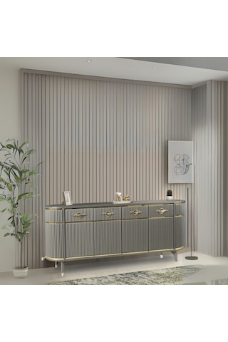 Maya Antrasit Gold Lüks Konsol 4 Kapak Oval Gövde Pramit Ayaklı 180x45x84 Cm Antrasit - Gold