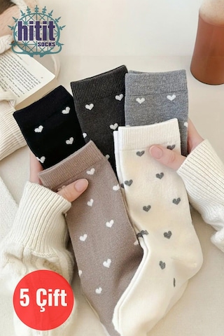 Kadın 5 Çift Premium Kalite Kalpli Tenis Çorap Çok Renkli ASORTİ