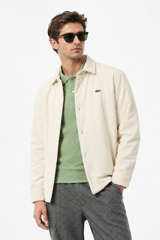 Lacoste Men's Relaxed Fit Button-down Linen Shirt Rahat Kesim Kadife Erkek Dış Gömlek Krem