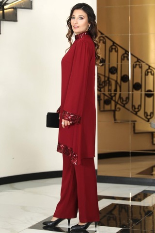 Umay Şifon Tunik Pantolon İkili Tesettür Takım Bordo Bordo
