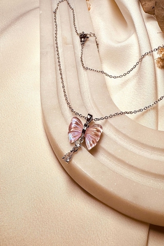 Fiyonk Model Pembe Zirkon Taşlı Tasarım Gümüş Renk Kadın Çelik Kolye