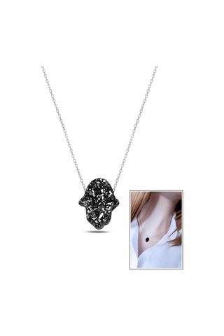 Siyah Pırıltılı Reçine Taşlı El Yapımı Fatma Eli Kolye 925 Ayar Gümüş Rodyum Kaplama Gümüş - Rodyum