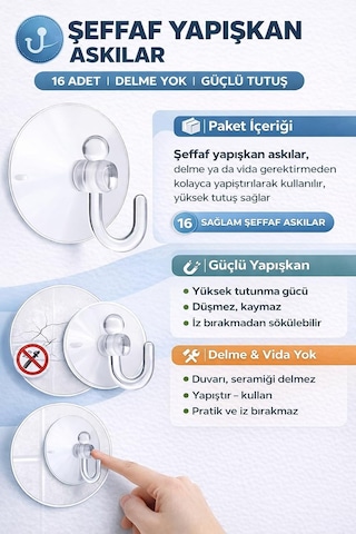 16'li Şeffaf, Vantuzlu Kanca Seti, Güçlü Tutuşlu, İz Bırakmayan Pvc Askı Aparatı, Işık Zinciri, Led Işık A Çok Renkli