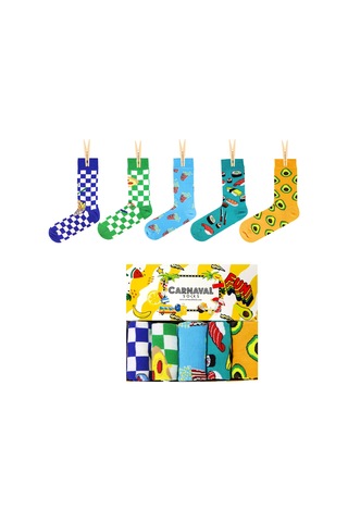 Damalı Ve Renkli 5'li Fast Food Tasarım Çorap Kutusu Beyaz - Mavi-turuncu-yeşil