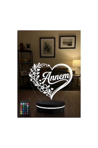 Annem Yazılı 3d Led Gece Lambası Anneler Günü Hediyesi Kalpli Çiçek Desenli Rgb Kumandalı Masa Lambası Çok Renkli