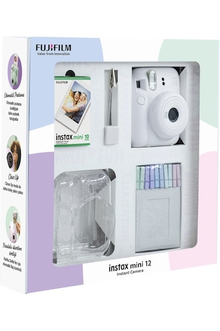 Fujifilm Instax Mini 12 Fotoğraf Makinesi + 10'lu Film Simli Pleksi Kılıf Beyaz