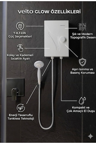 Veito Glow 7-8.3kw Ani Su Isıtıcısı - A Sınıfı Enerji Tasarruflu, Hassas Sıcaklık Kontrollü Şofben Elektirikli Şofben Montaj Dahil Değildir.