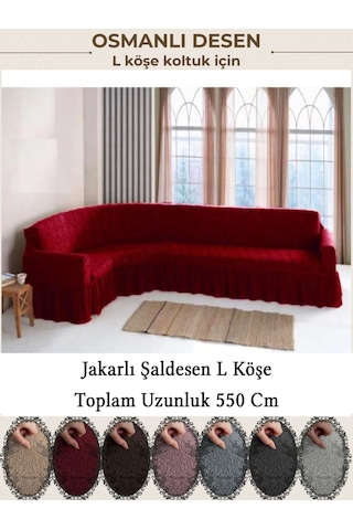 Starmall Jakarli Şal Desen 7 Kişilik L Köşe Koltuk Örtüsü, Esnek Koltuk Kılıfı, Osmanlı Desen 550cm Bordo bordo
