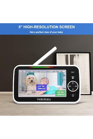 Hellobaby Video Bebek Monitörü, 5 Inç Split Ekran, 30 Saat Pil Ömrü, 355 Pan-tilt-zoom, Gece Görüşü Kamera Sistemi