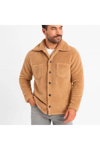 Hazego Erkek Pelüş Polar Hırka Gömlek Yakalı, İlik Düğmeli, Göğüs Cepli, Yumuşak Dokulu Kışlık Regular Fit Rahat Günlük Model - Açık Kahve Kahve