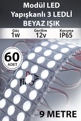 Beyaz Yapışkanlı Modül Led İç/dış Mekan Uyumlu 12 Volt Güçlü Aydınlatma 1 Metre