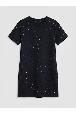 Lc Waikiki Siyah Bisiklet Yaka Taşlı Mini Elbise