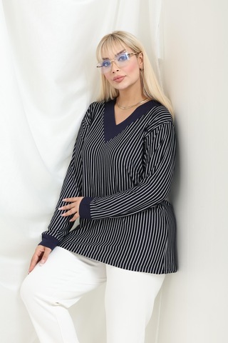 Bambu Viskon V Yaka Uzun Kollu Bluz Rahat Kalıp, Büyük Beden Xl 6xl Lacivert