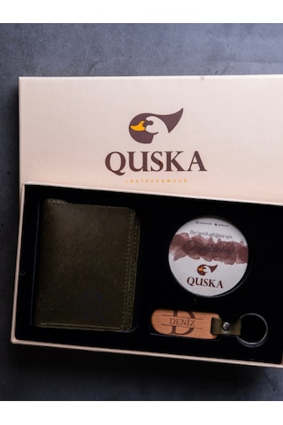 Quska Kişiye Özel İsimli El Yapımı Hakiki Deri Yeşil Cüzdan+anahtarlık Hediyelik Set- Grain Minimal Yeşil