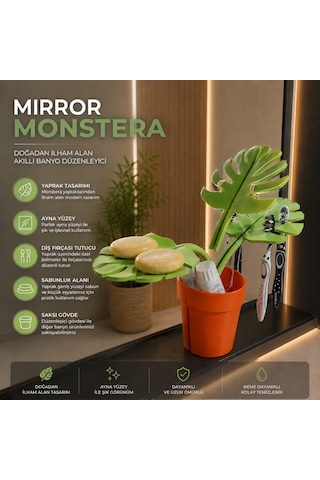 Mirror Monstera Aynaya Yapışan Makyaj Ve Takı Düzenleyici Monstera Yapraklı Modern Organizer 3d Baskı Dekoratif Ayna Aksesuarı Yeşil - Turuncu