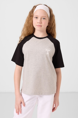 Gri Melanj O Yaka Pamuklu Baskılı Oversize Fit Kız Çocuk T-shirt - 75179 Gri Melanj