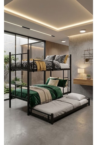 Yavrulu Ranza 90x190 Yatak Uyumlu 3 Kişilik Siyah Metal Ranza Karyola 60 x 120 CM