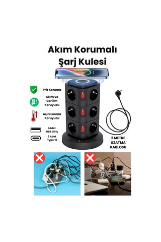 12 Prizli Güç Kulesi Akıllı Priz 3 Usb + Kablosuz Şarj 3680w Yüksek Güç